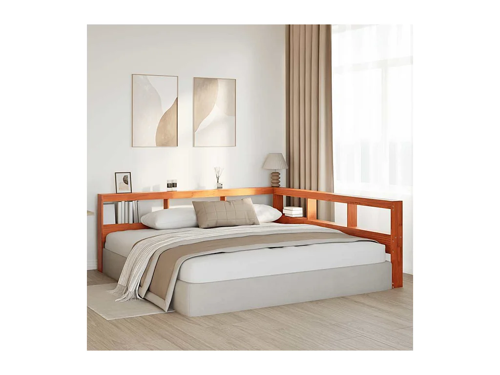 Tête de lit de bibliothèque en forme de L bois massif de pin