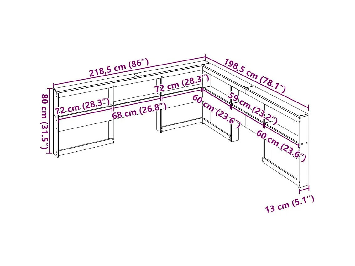 Tête de lit de bibliothèque en forme de L bois massif de pin