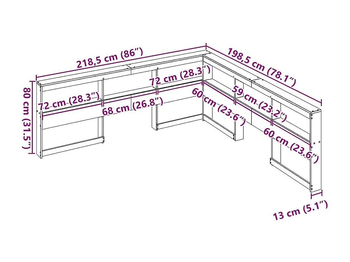 Tête de lit de bibliothèque en forme de L bois massif de pin