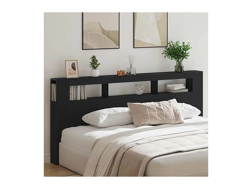 Tête de lit LED avec étagère Chêne noir 220 x 18.5 x 103.5 cm