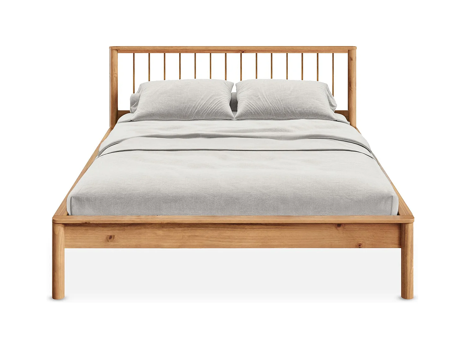 Lit 160 x 200 avec sommier APOANA en bois massif coloris chêne, cadre robuste avec tête de lit à barreaux