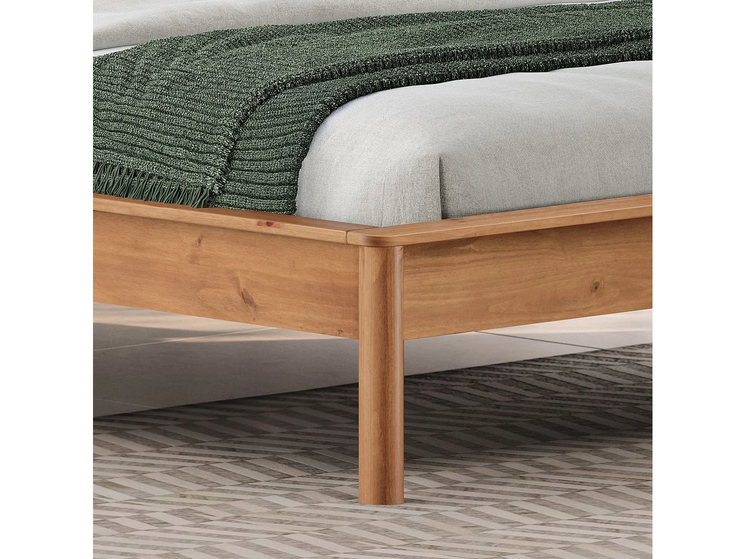 Lit 160 x 200 avec sommier APOANA en bois massif coloris chêne, cadre robuste avec tête de lit à barreaux