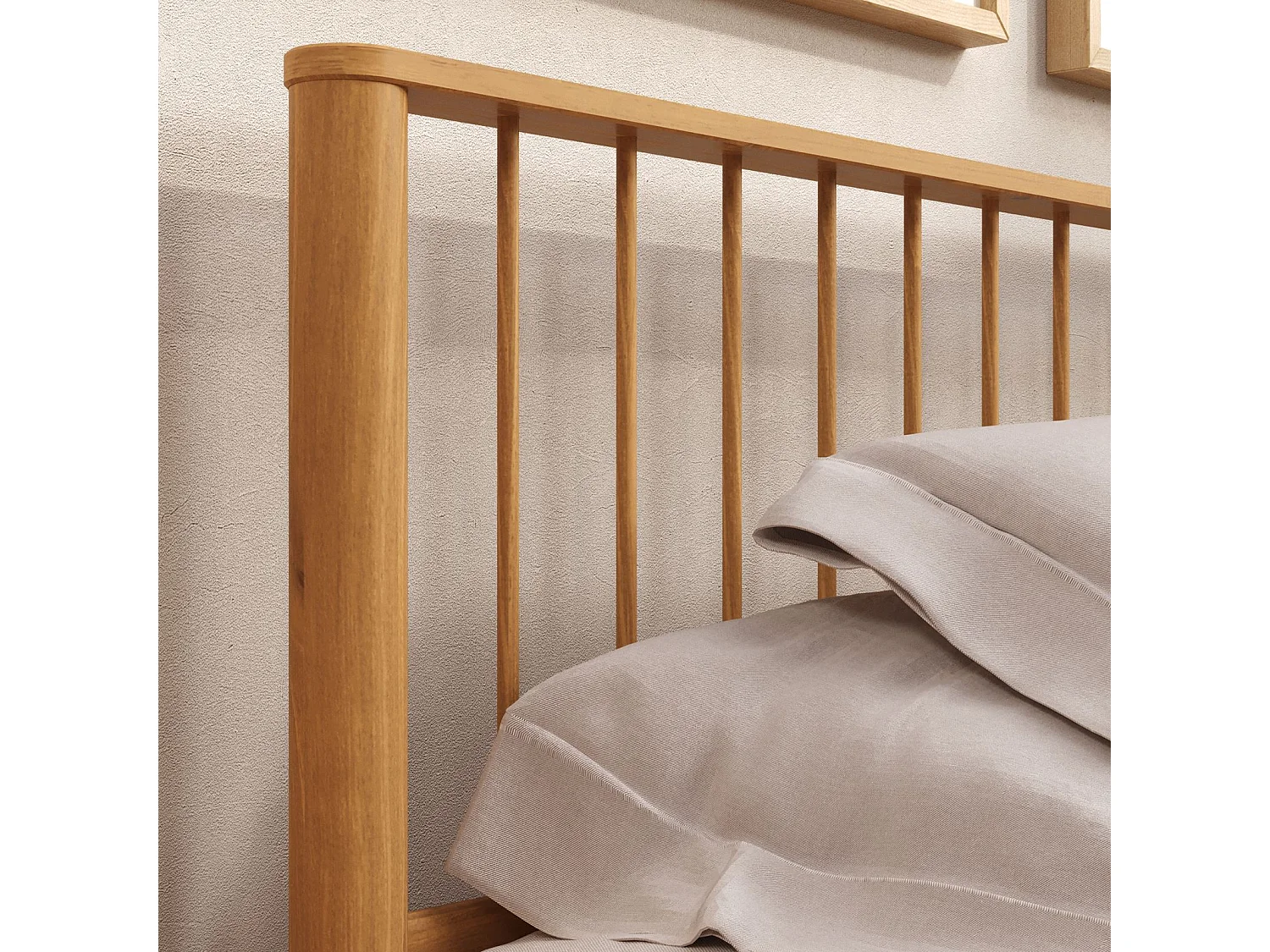 Lit 160 x 200 avec sommier APOANA en bois massif coloris chêne, cadre robuste avec tête de lit à barreaux