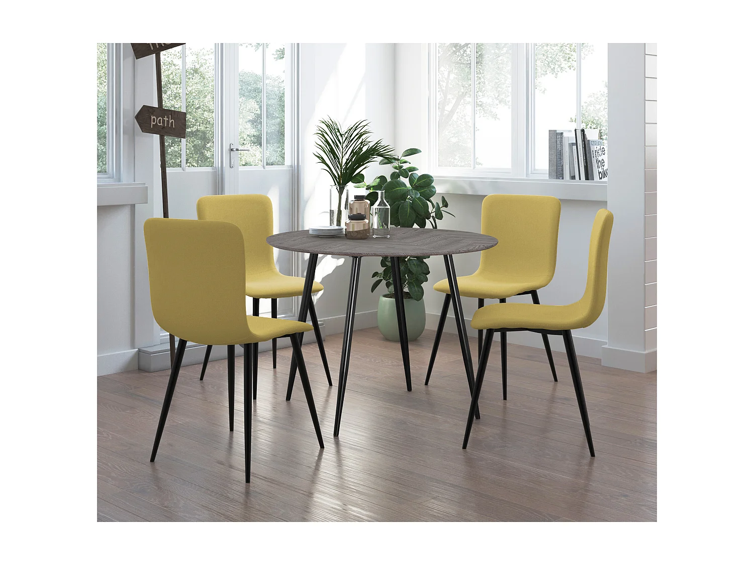 Monza | Table de salle à manger Ø100 4 personnes en motif arête de poisson en chêne aspect blanc