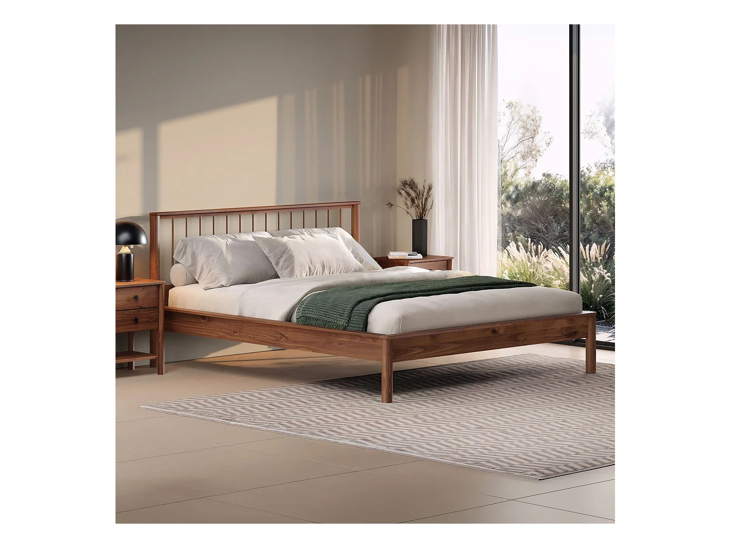 Lit 160 x 200 avec sommier APOANA en bois massif coloris châtaignier, cadre robuste avec tête de lit à barreaux