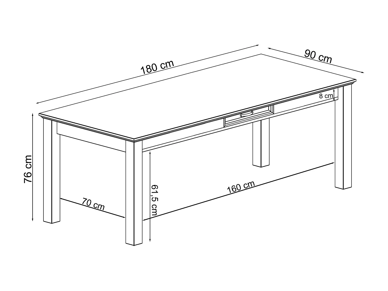 Selma-Eettafel 180 cm met 1 lade in grenen wit