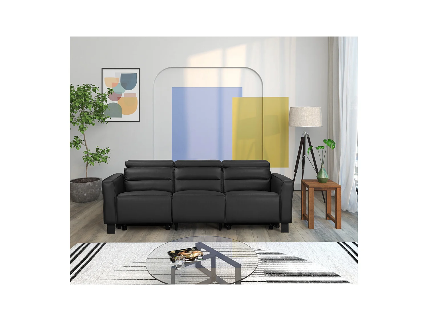 Carpari | Divano a 3 posti con 2 poltrone reclinabili manuali in similpelle nera