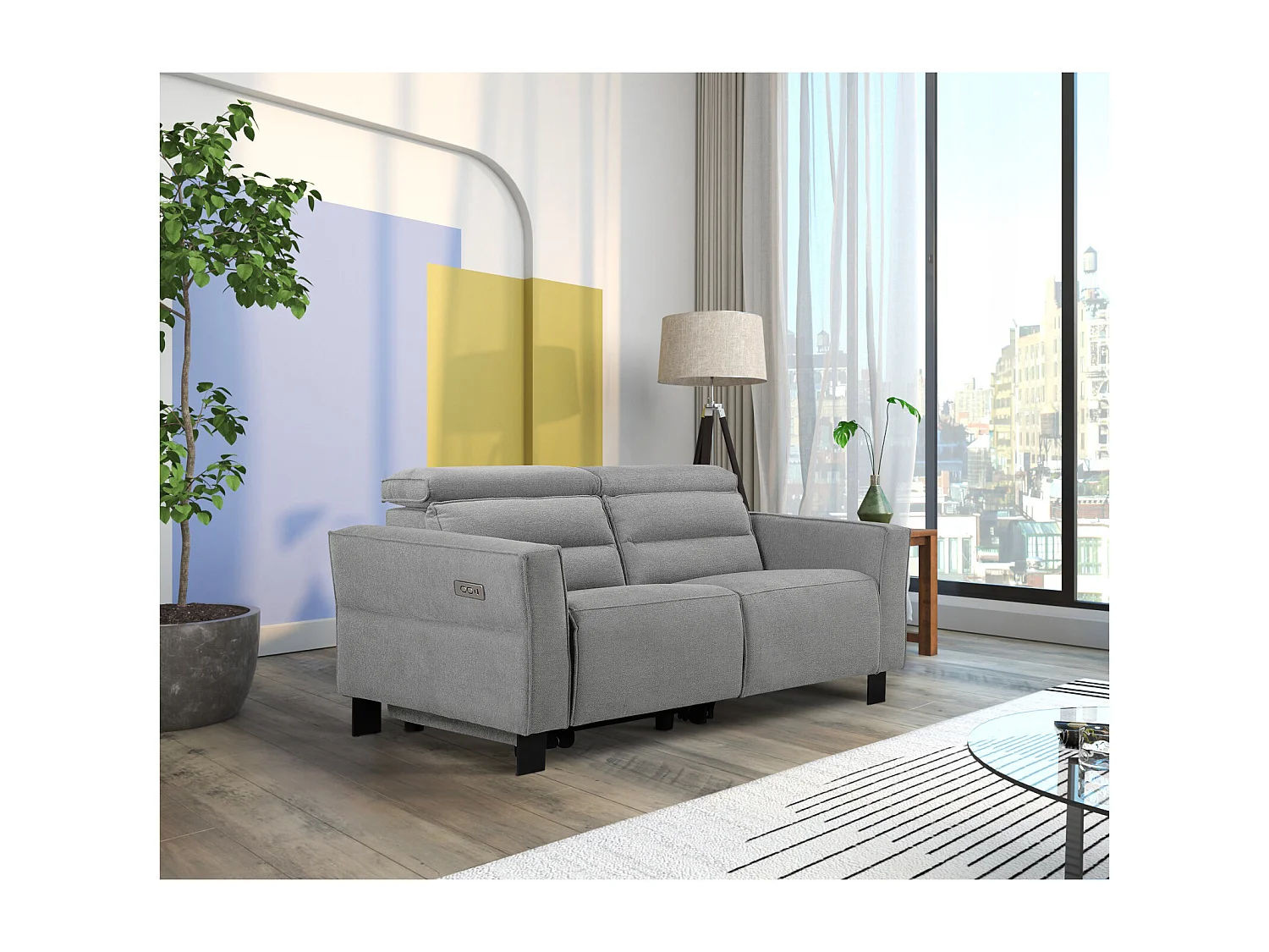 Carpari | 2-Seater Sofa with 1 electric recliner in fabric light grey