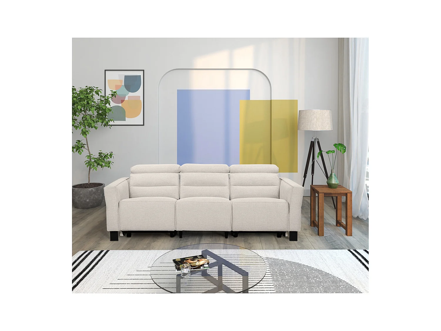 3-zits bank met 2 handmatige relaxstoelen in crèmekleurige stof