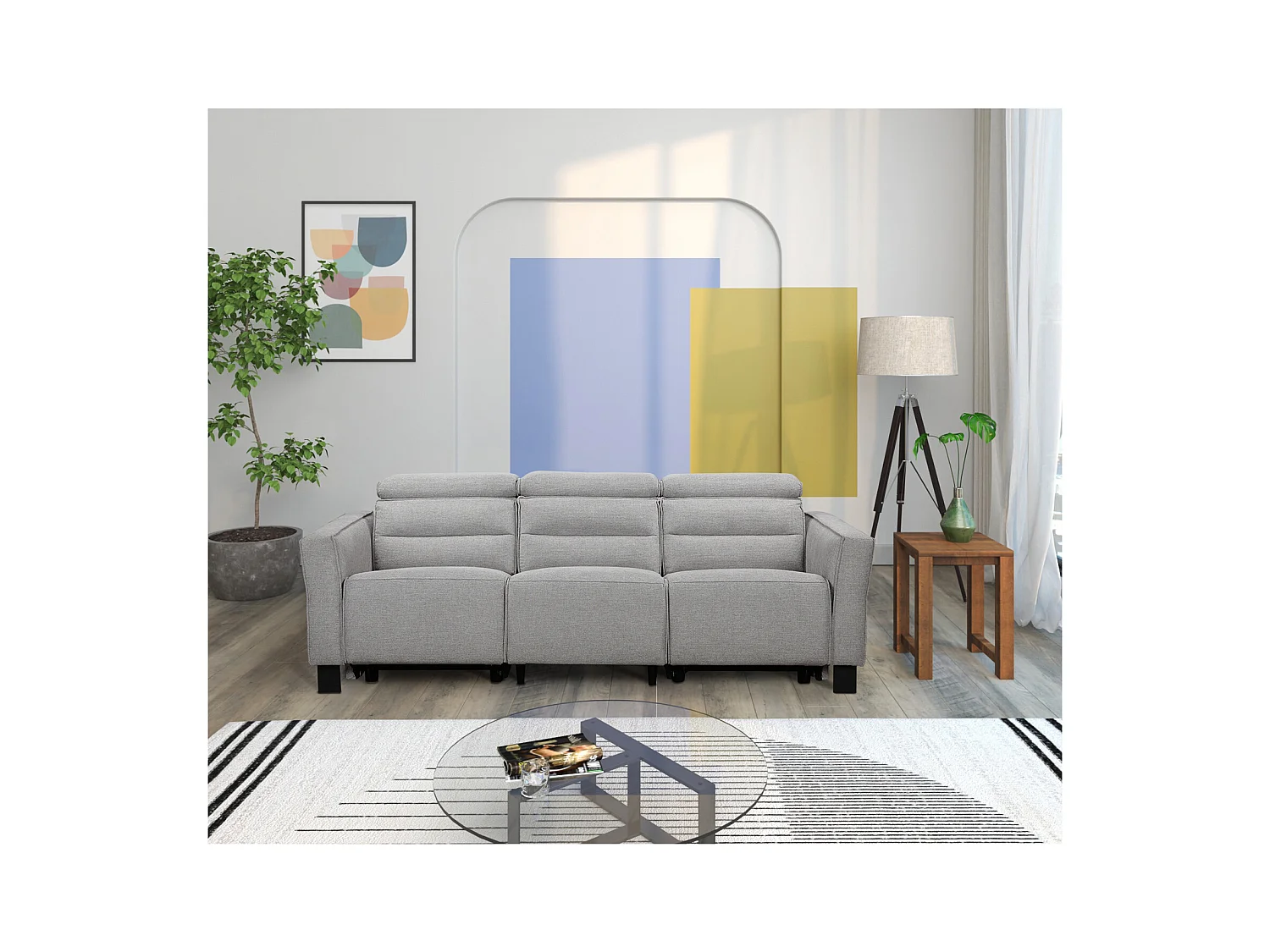 3-zitsbank met 2 elektrische verstelbare rugleuningen in lichtgrijze stof