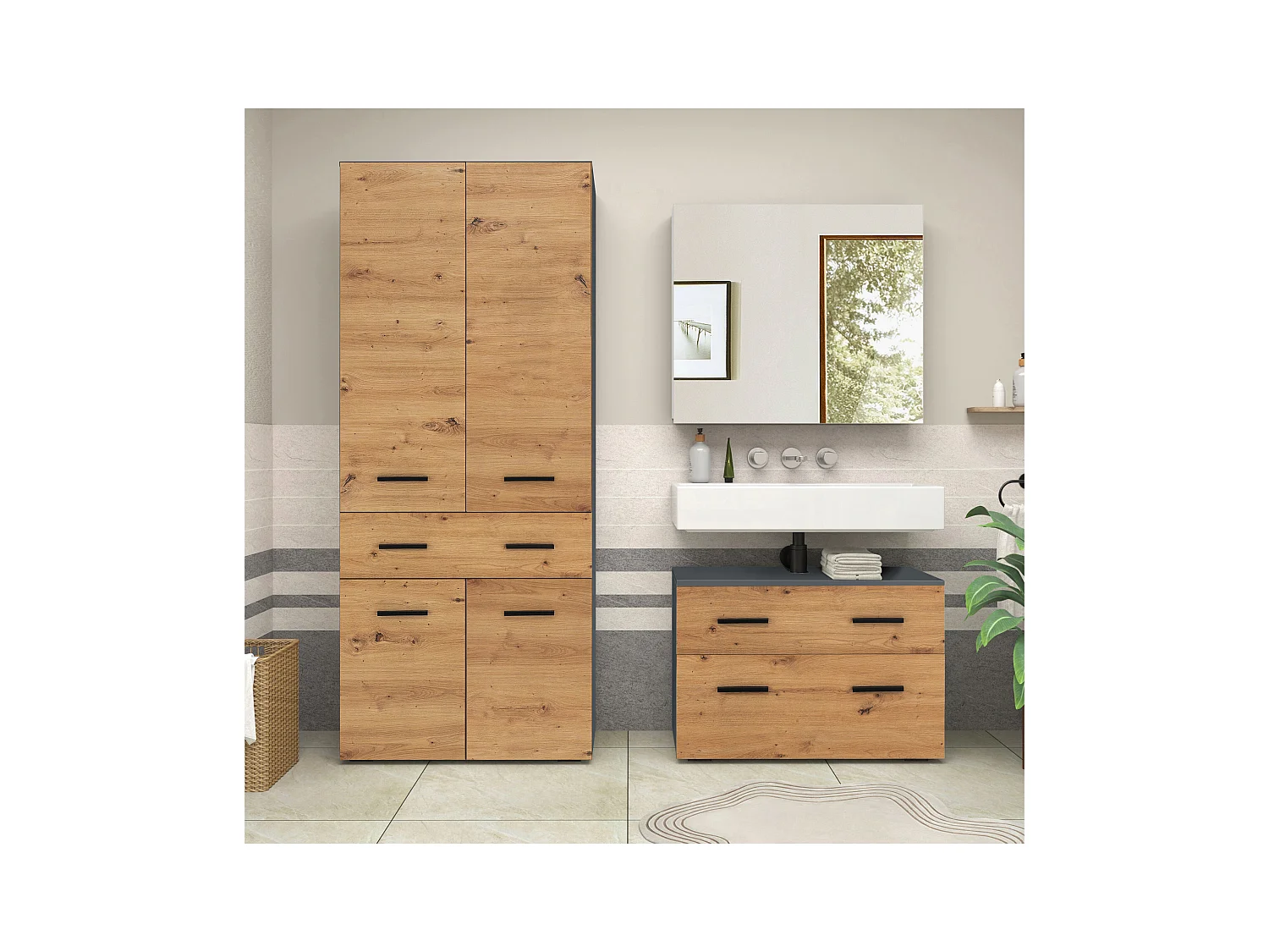 Malika-Badkamerkast met 4 deuren 1 lade in eiken look antraciet