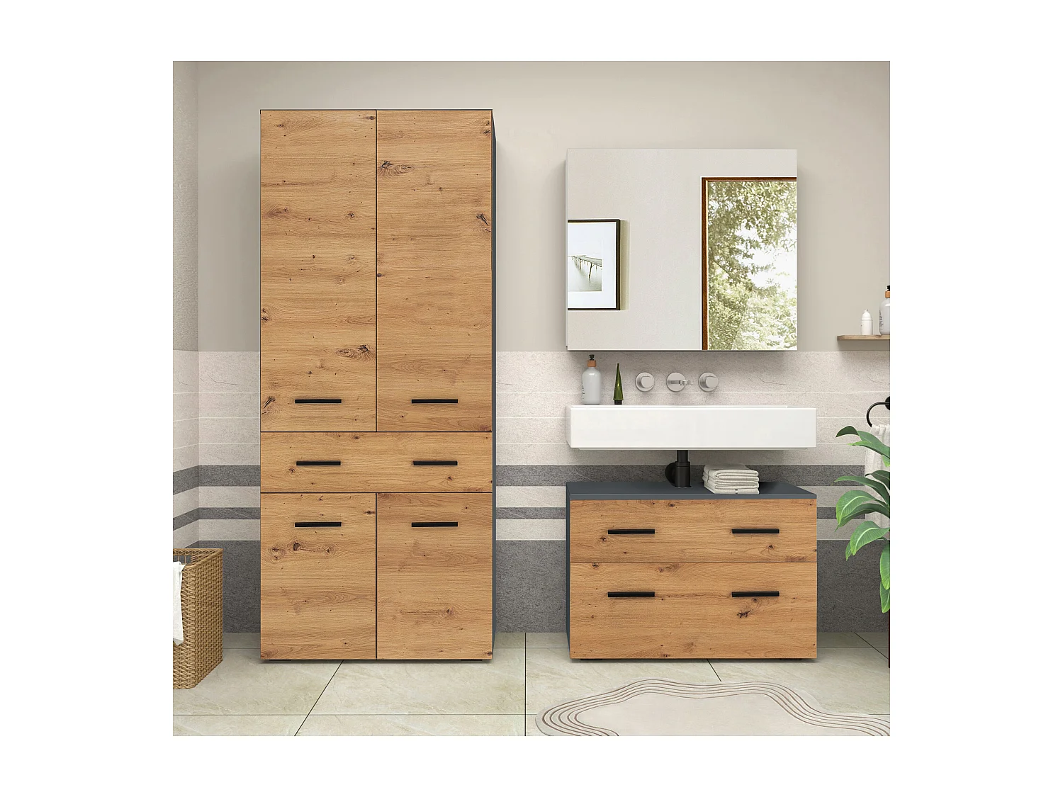 Malika | Meuble de salle de bain avec 4 portes 1 tiroir en aspect chêne anthracite