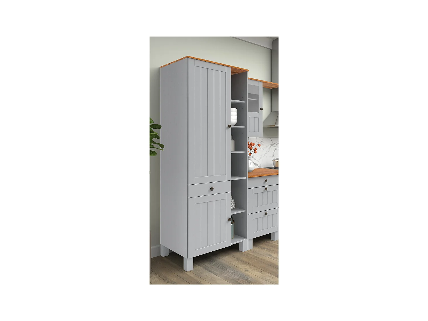 Alby II | Armoire haute avec 2 portes, 1 tiroir et 6 compartiments en gris sapin