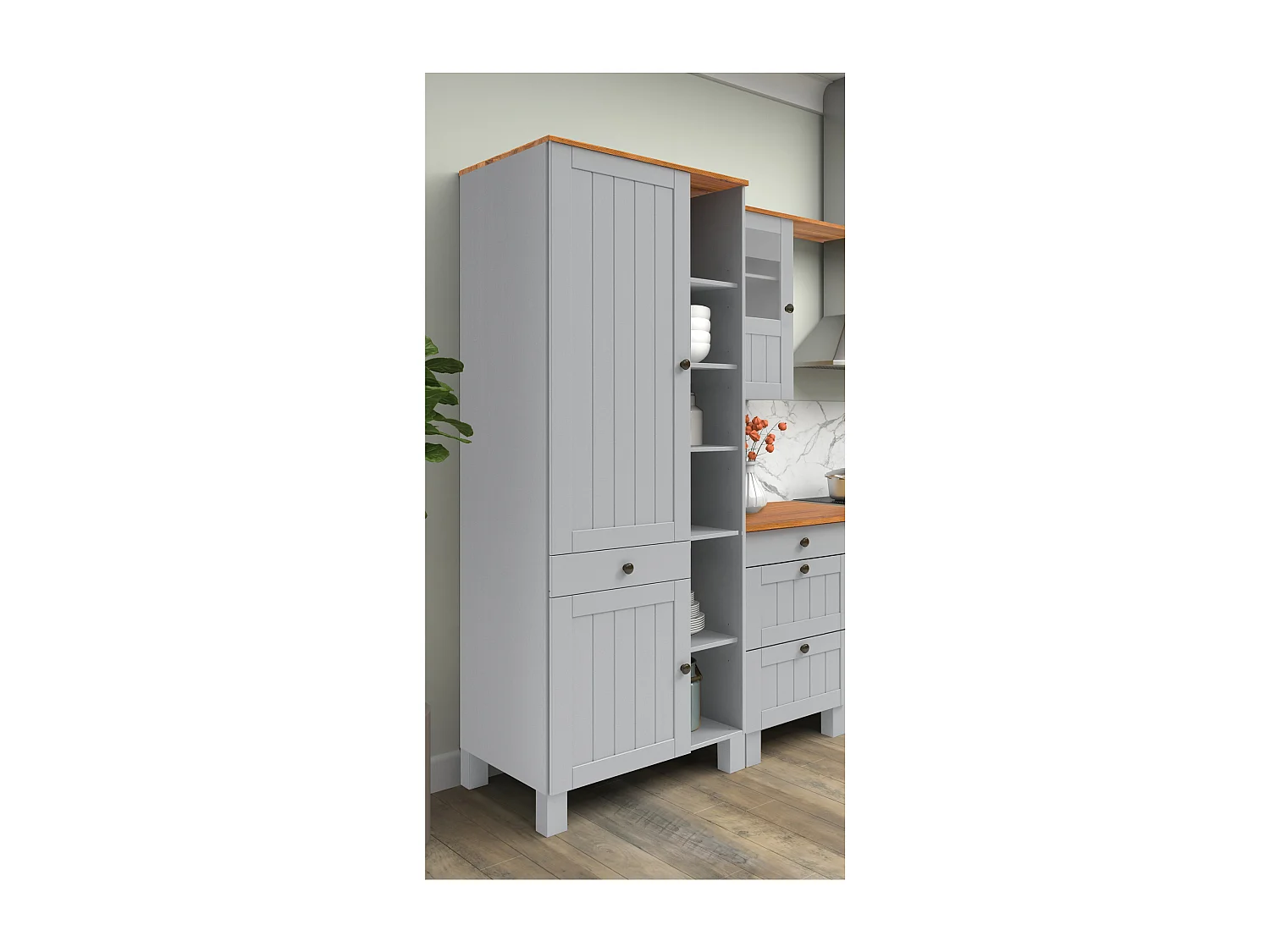 Alby II | Mobile alto con 2 ante, 1 cassetto e 6 scomparti in grigio pino