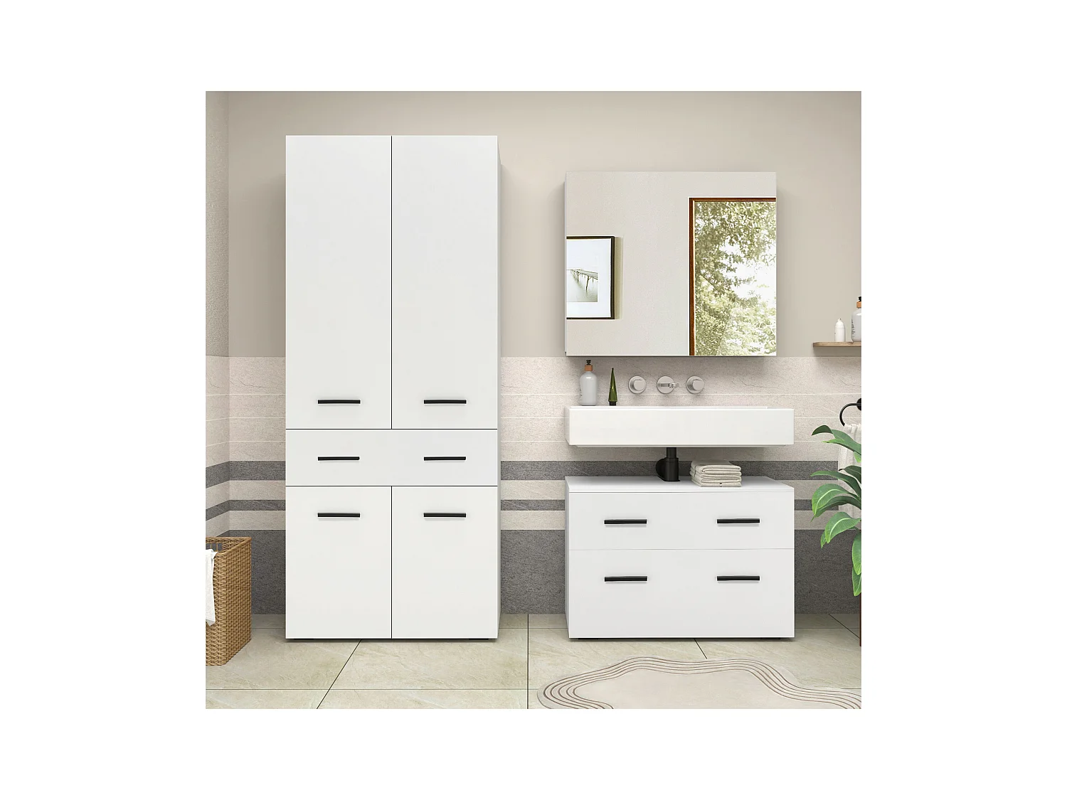 Malika-Badkamerkast met 4 deuren 1 lade in houtlook wit