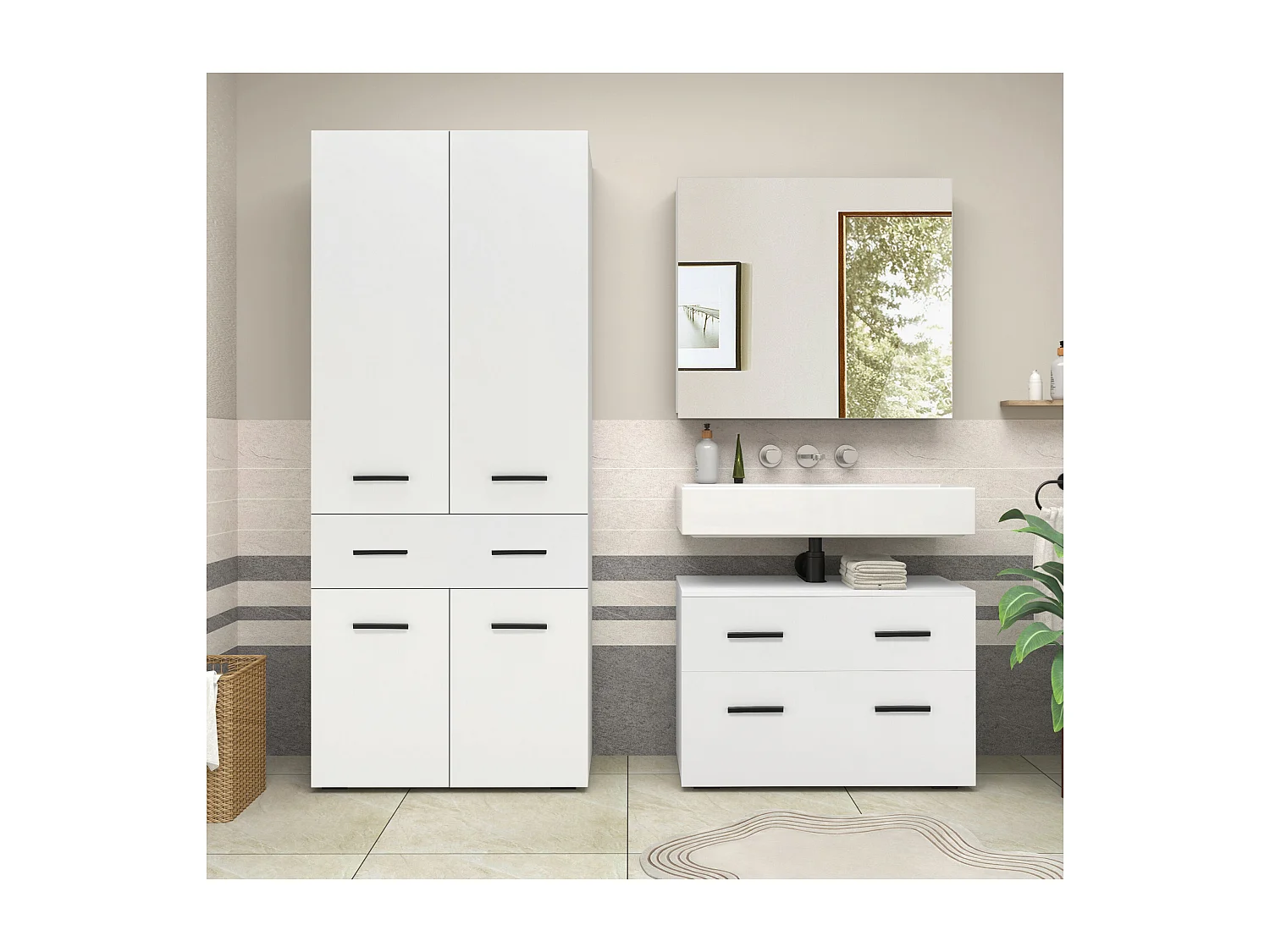 Malika | Meuble de salle de bain avec 4 portes 1 tiroir aspect bois blanc