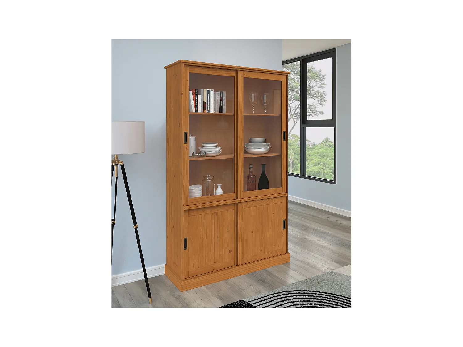 Harry | Vitrine avec 2 portes en bois et 2 portes vitrées en pin