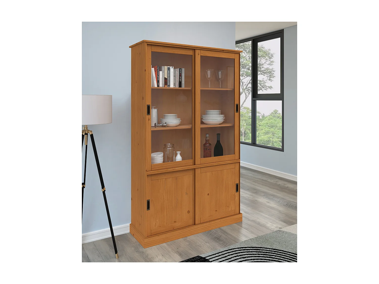 Harry | Vitrine avec 2 portes en bois et 2 portes vitrées en pin