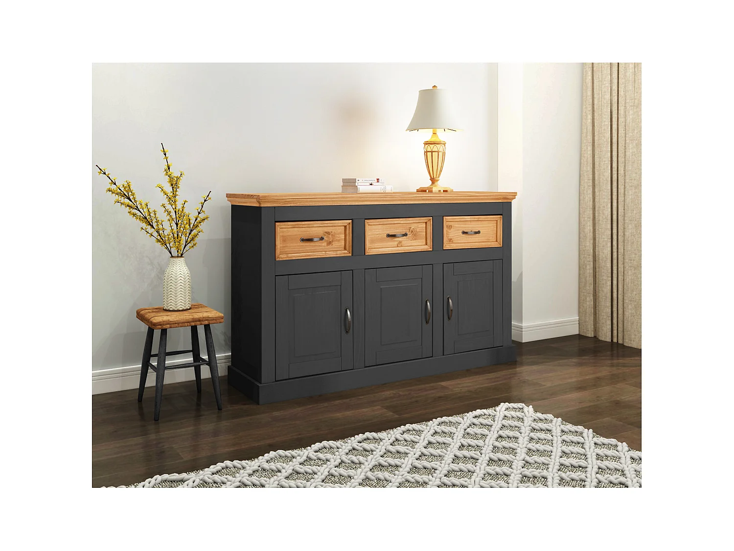 Selma | Buffet avec 3 portes et 3 tiroirs en pin anthracite