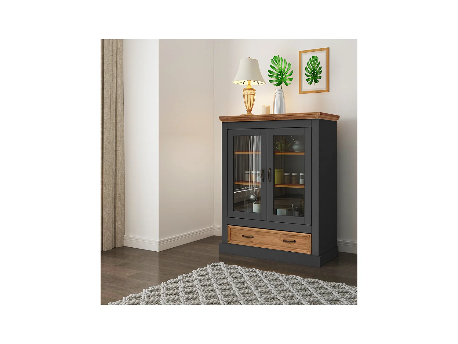 Selma | Highboard with 2 glass doors and 1 drawer in pine anthracite