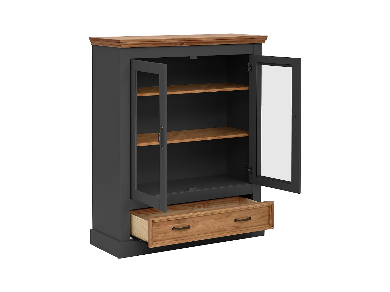 Selma | Buffet haut avec 2 portes vitrées et 1 tiroir en pin anthracite