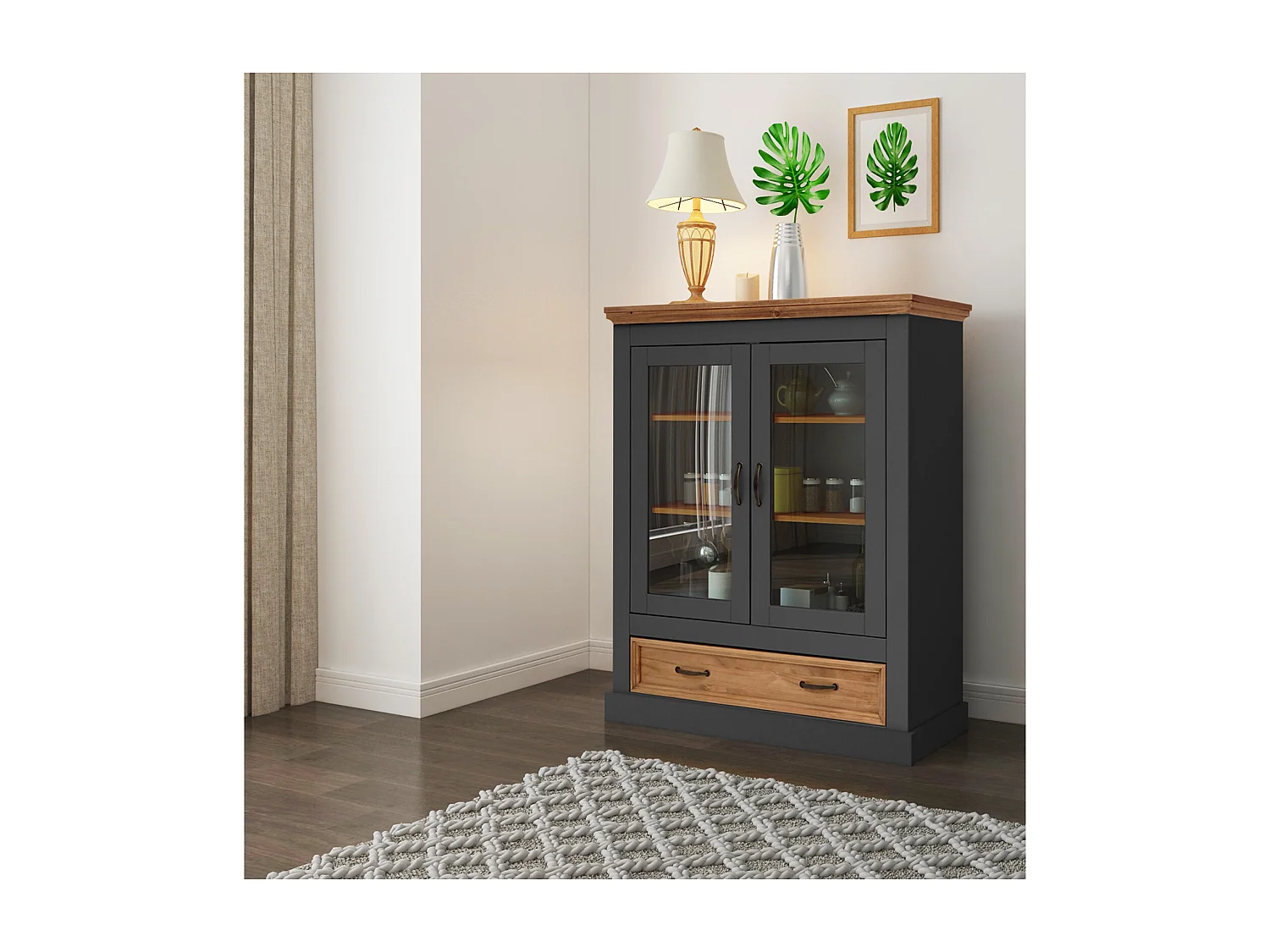 Selma | Buffet haut avec 2 portes vitrées et 1 tiroir en pin anthracite