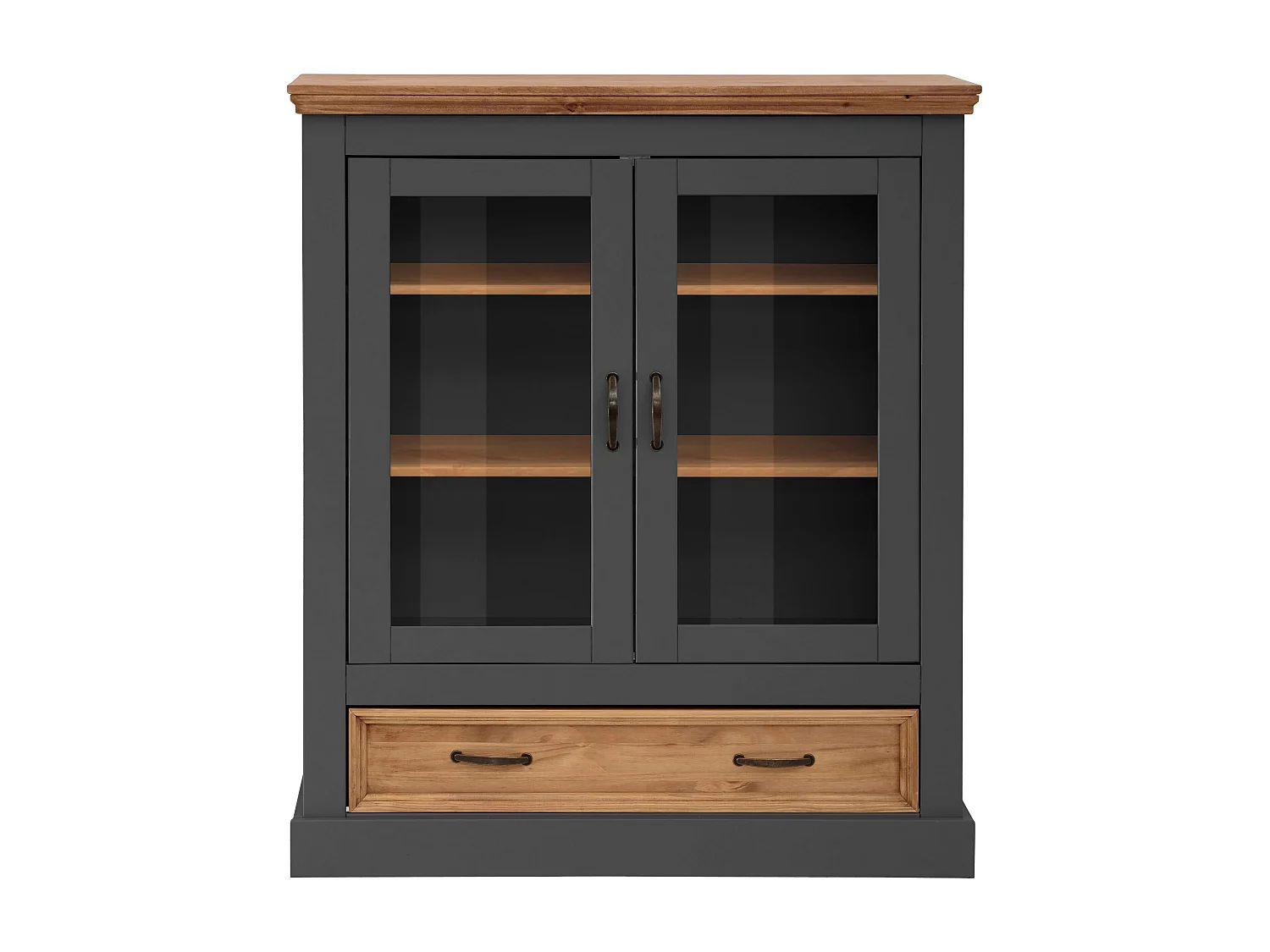 Selma | Buffet haut avec 2 portes vitrées et 1 tiroir en pin anthracite