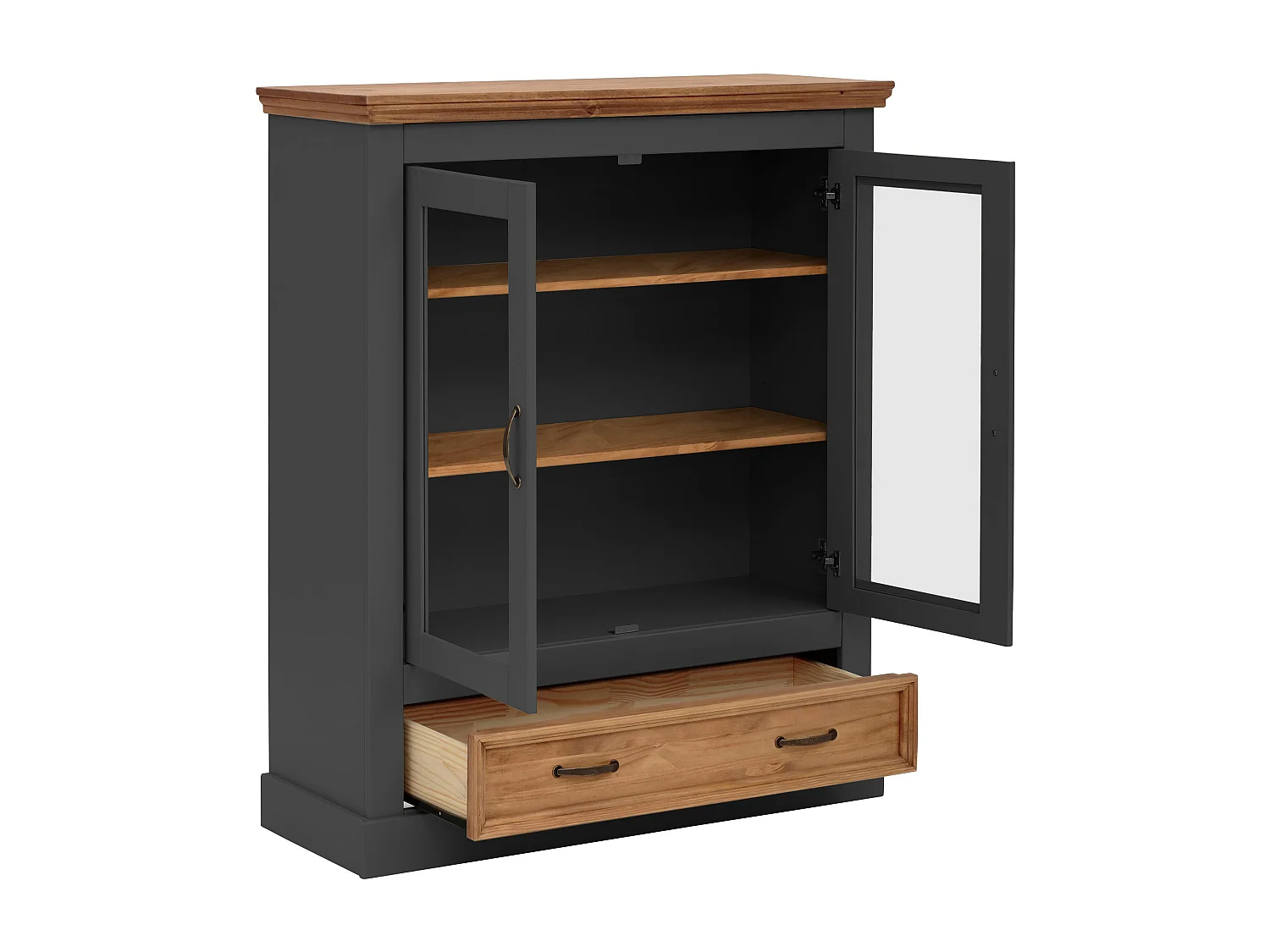 Selma | Buffet haut avec 2 portes vitrées et 1 tiroir en pin anthracite