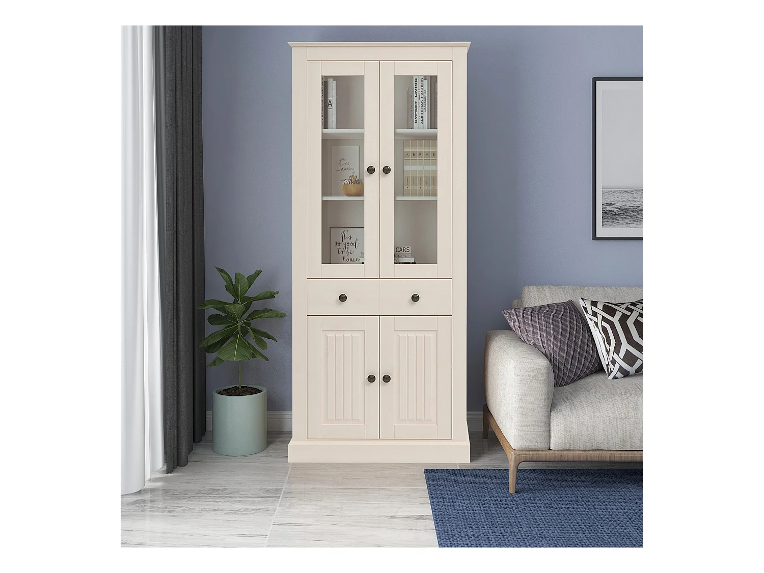 Mille | Vitrine met 2 glazen deuren in grenen wit