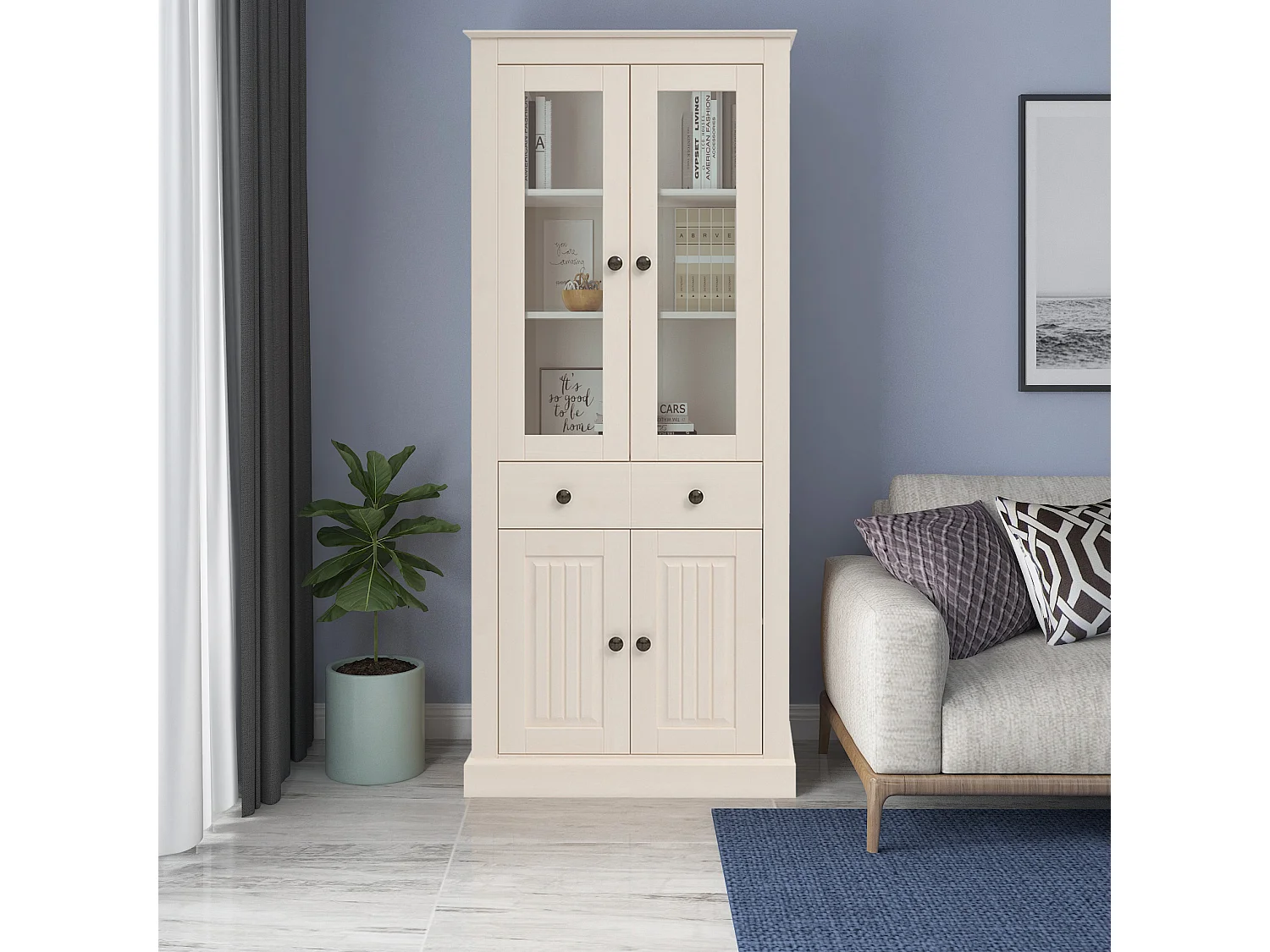 Mille | Vitrina con 2 puertas de cristal en blanco pino