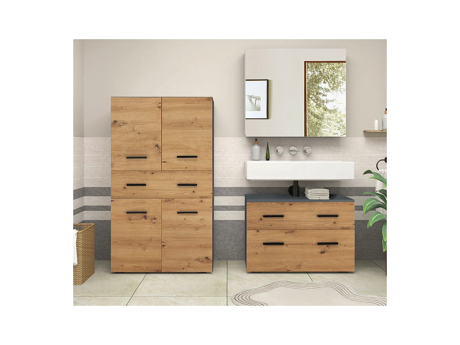 Malika-Badkamerkast met 4 deuren 1 lade in antraciet eiken