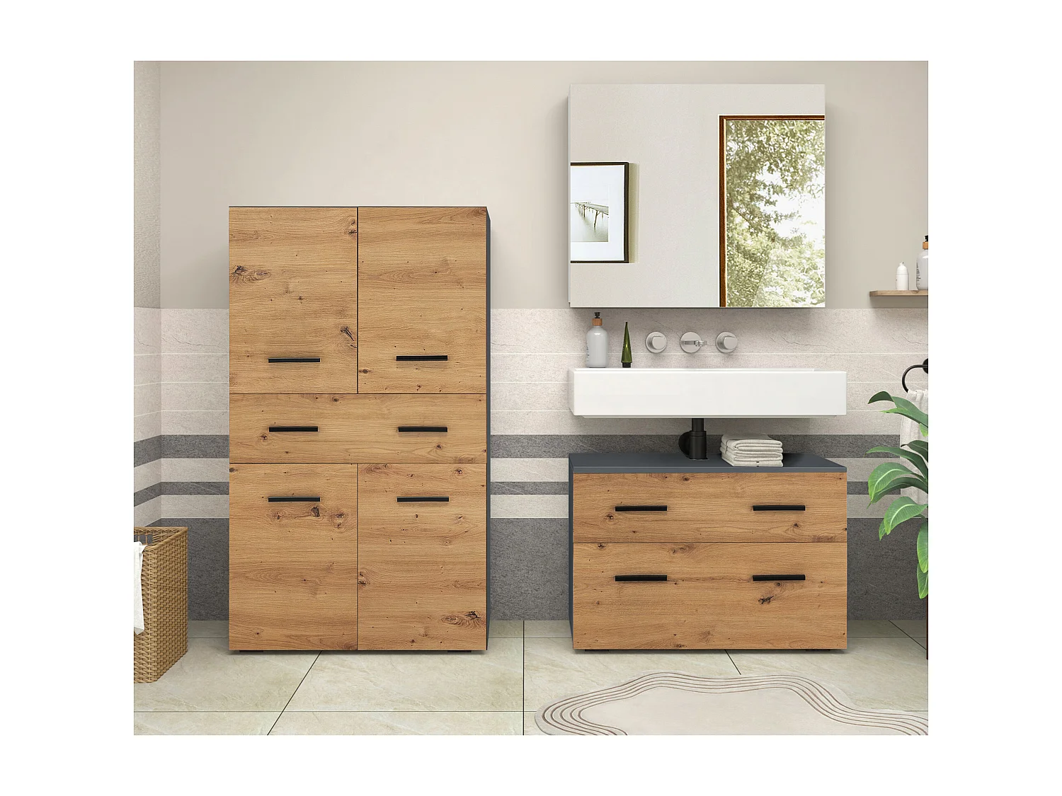 Malika | Meuble de salle de bain avec 4 portes 1 tiroir en chêne anthracite