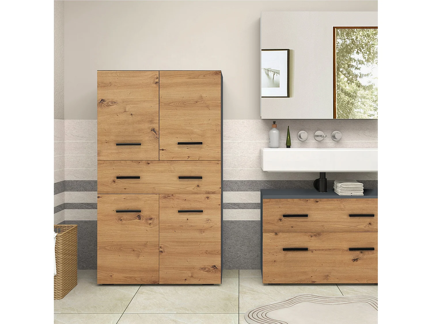 Malika | Meuble de salle de bain avec 4 portes 1 tiroir en chêne anthracite