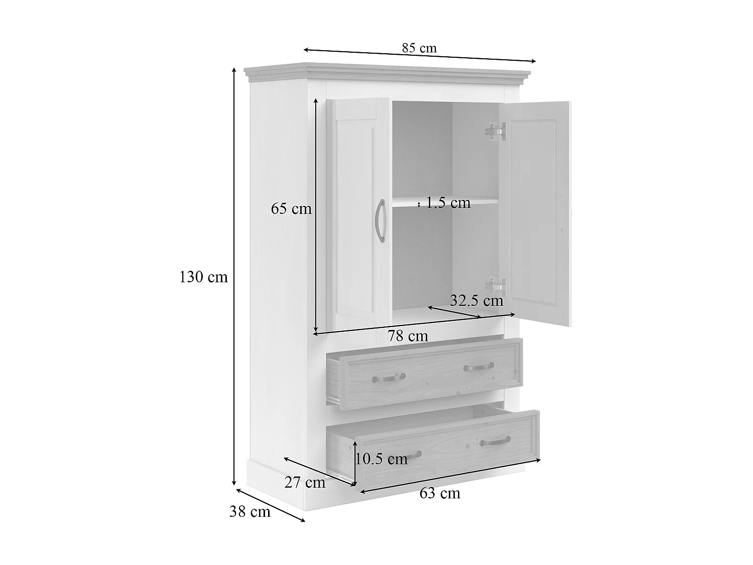 Selma | Armoire avec 2 portes et 2 tiroirs en blanc sapin