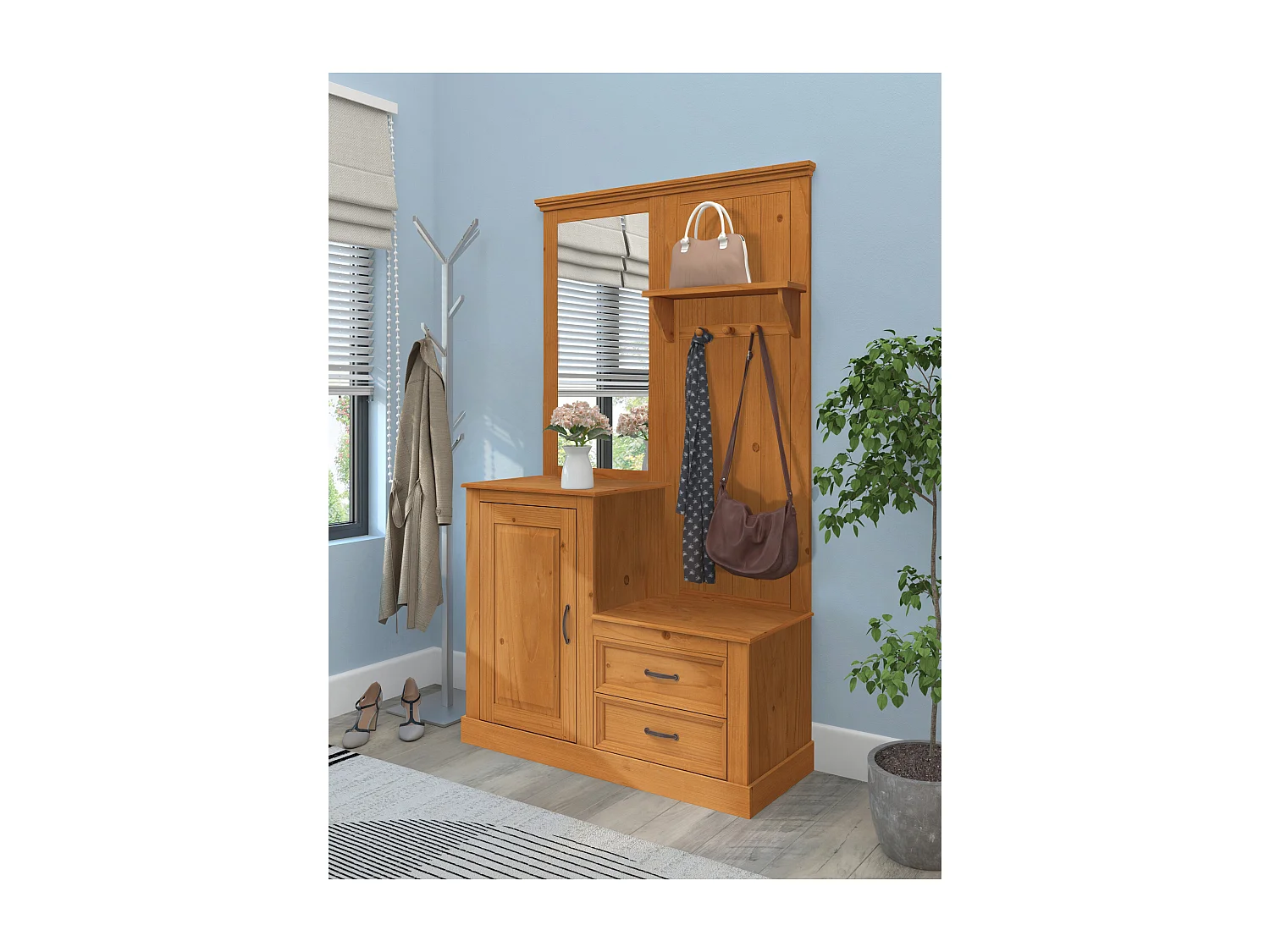 Selma | Penderie avec miroir et 1 porte 2 tiroirs en pin