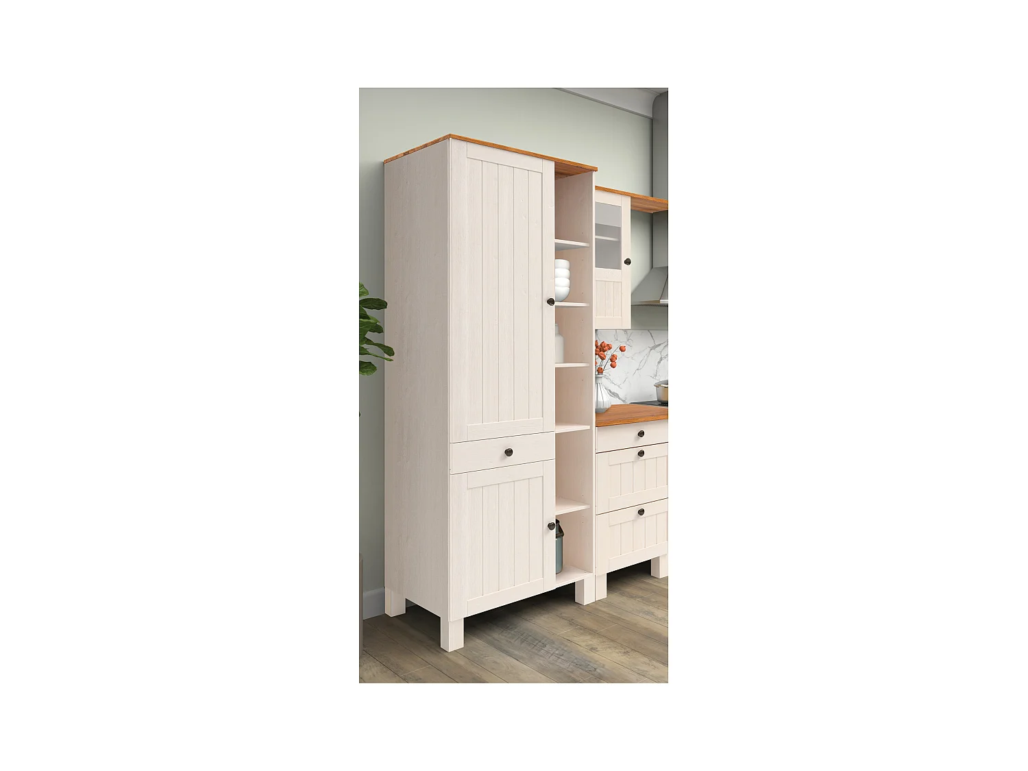 Alby II | Armoire haute avec 2 portes, 1 tiroir et 6 compartiments en pin blanc