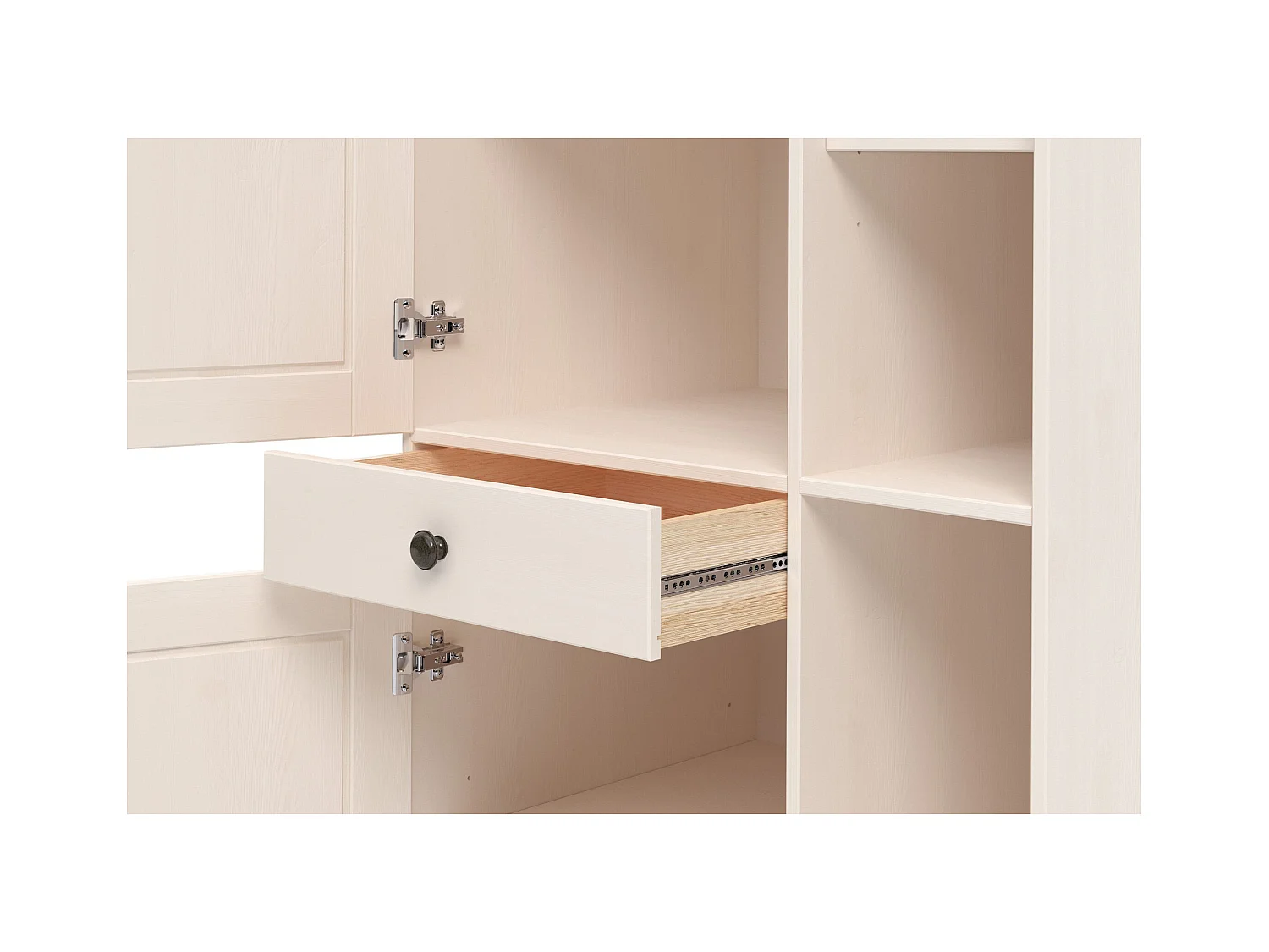 Alby II | Armoire haute avec 2 portes, 1 tiroir et 6 compartiments en pin blanc