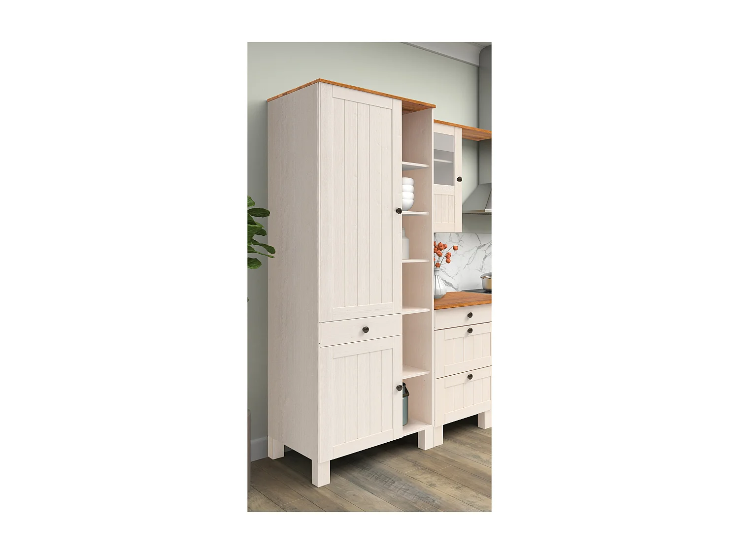 Alby II | Armoire haute avec 2 portes, 1 tiroir et 6 compartiments en pin blanc