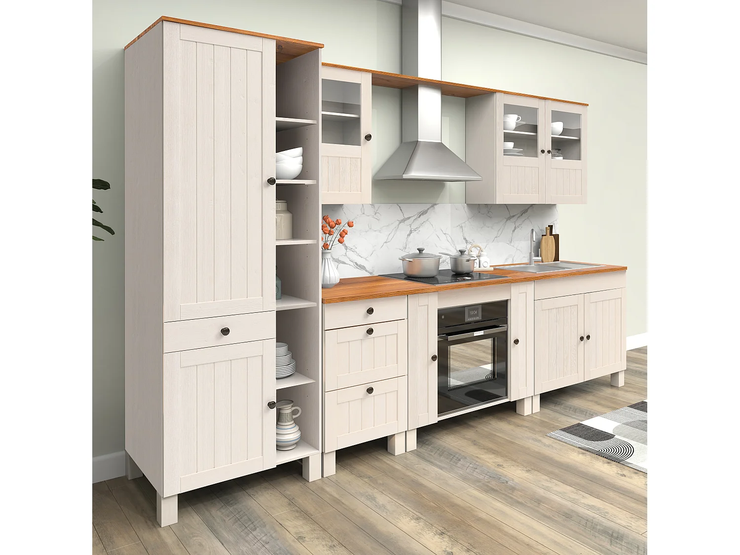 Alby II | Armoire haute avec 2 portes, 1 tiroir et 6 compartiments en pin blanc