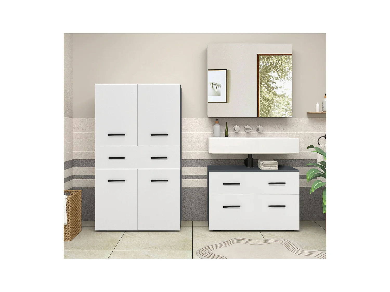 Malika-Badkamerkast met 4 deuren 1 lade in antraciet wit