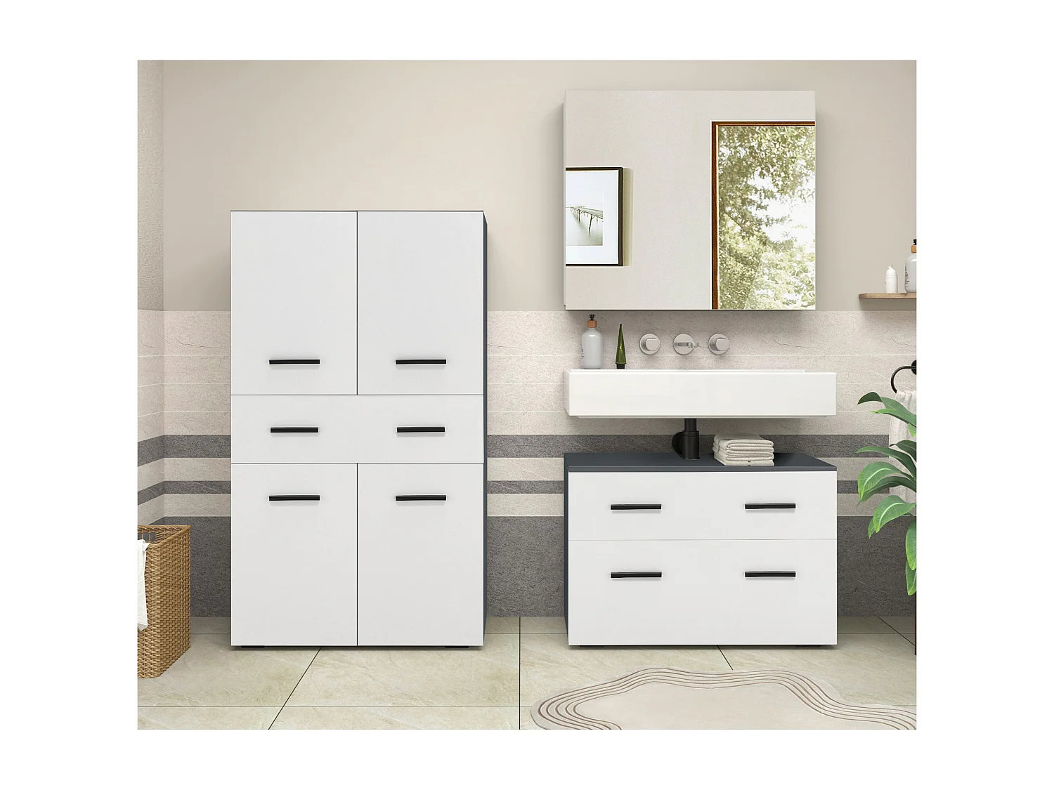 Malika | Meuble de salle de bain avec 4 portes 1 tiroir en blanc anthracite