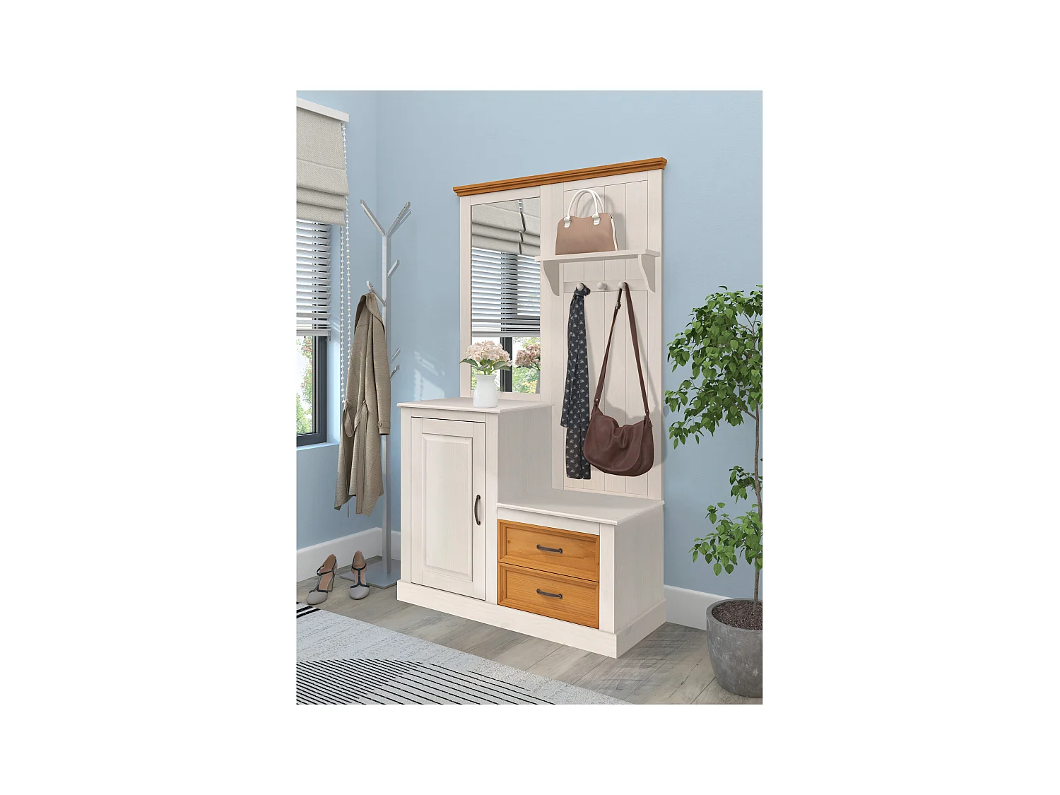 Selma | Armadio con specchio e 1 anta 2 cassetti in pino bianco