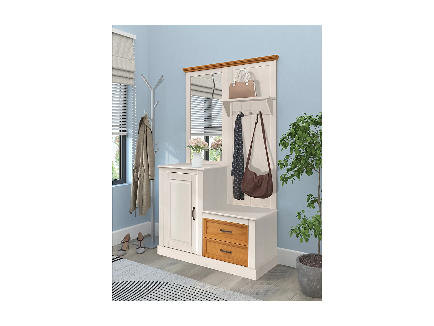 Selma | Armoire avec miroir et 1 porte 2 tiroirs en blanc sapin