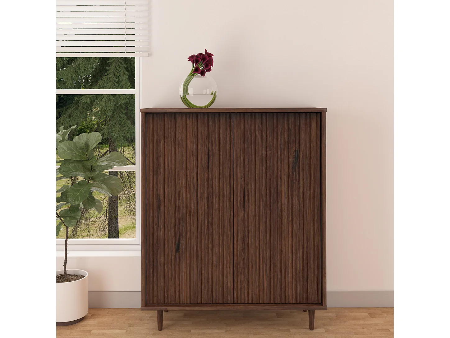 Jerzy | Buffet haut avec 2 portes en pin laqué brun