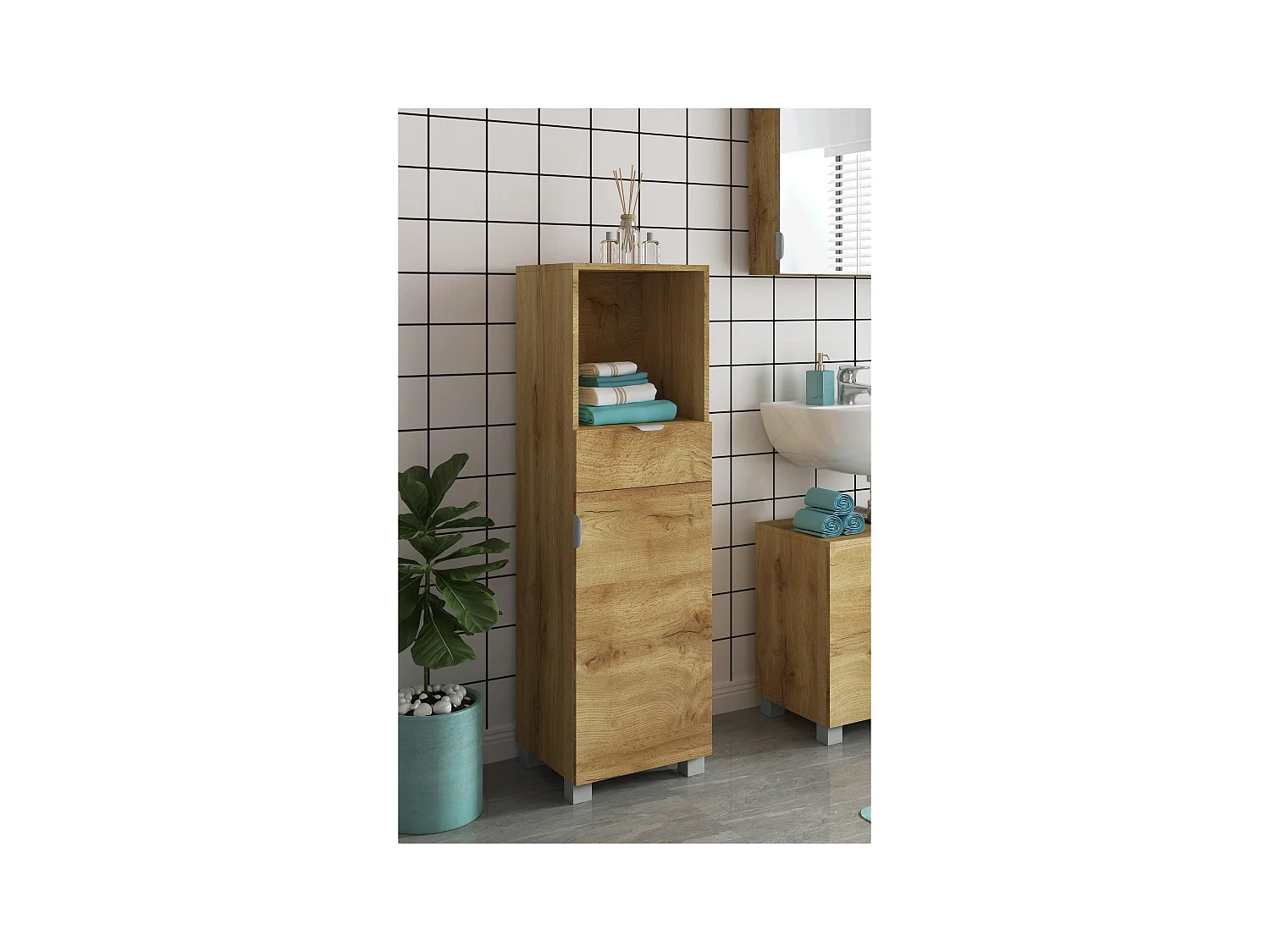 Atlas-Badkamerkast met 1 deur en 1 lade in houtlook