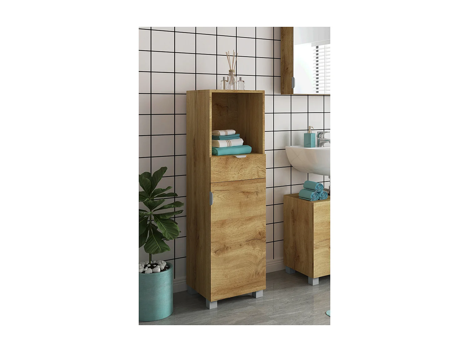 Atlas | Meuble de salle de bain avec 1 porte et 1 tiroir aspect bois