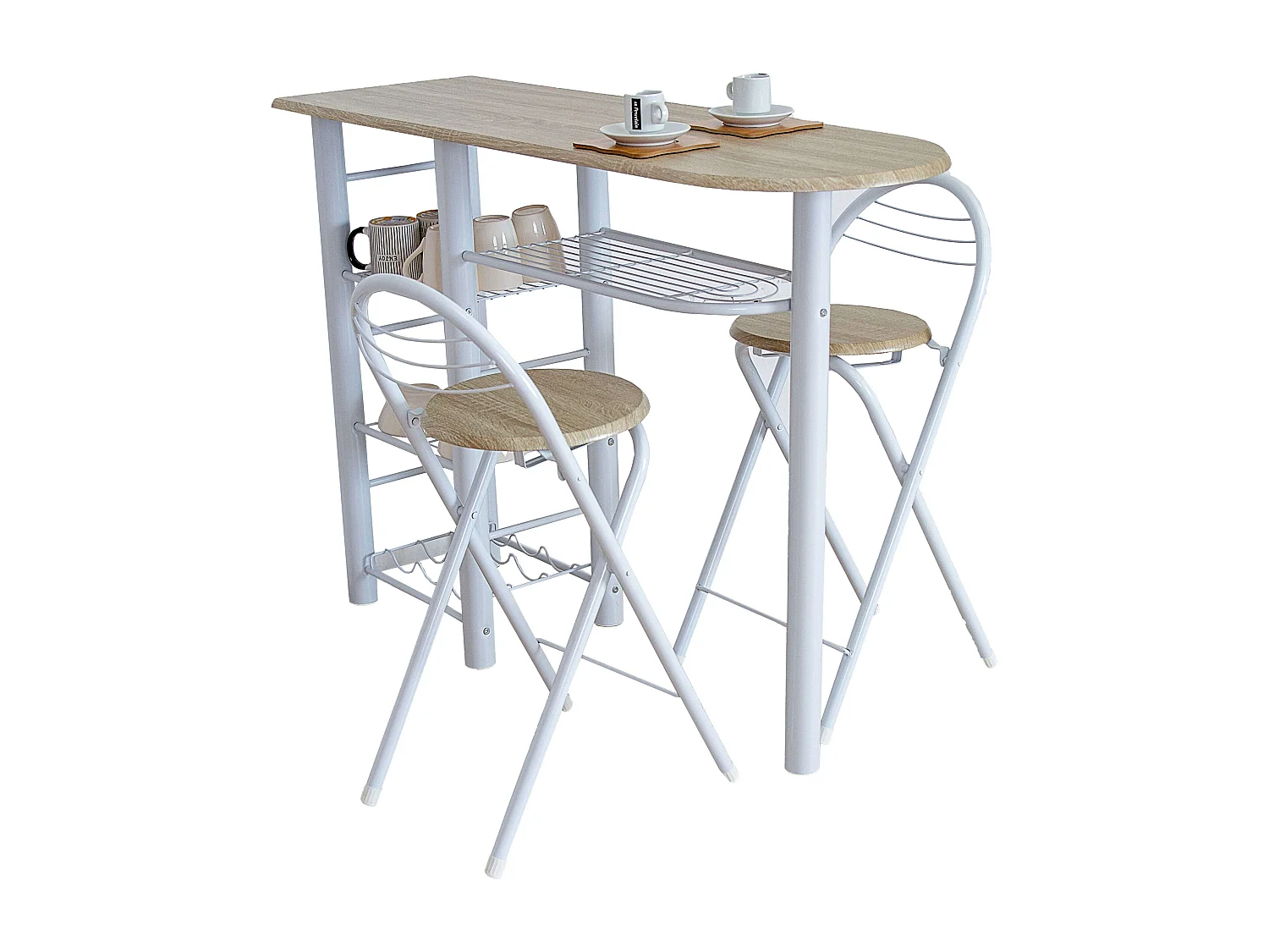 Table haute de bureau style nordique blanc/bois avec 2 tabourets 40 x 88 x 120 cm
