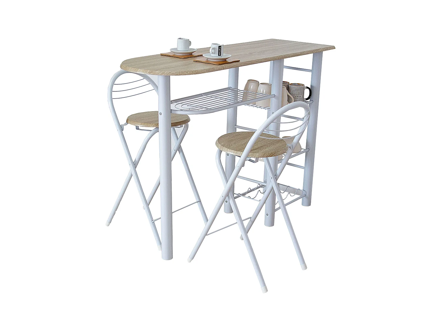 Table haute de bureau style nordique blanc/bois avec 2 tabourets 40 x 88 x 120 cm