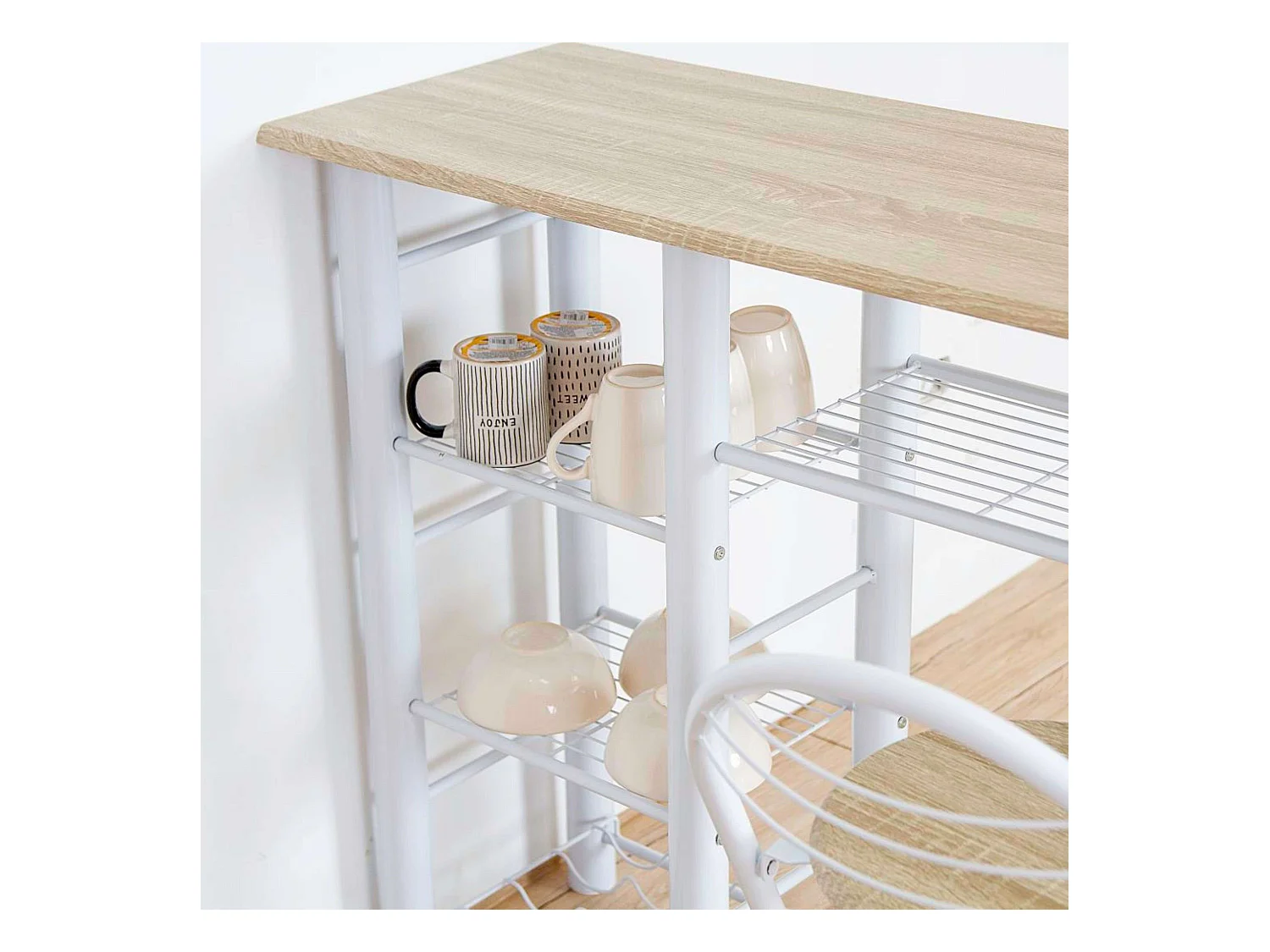 Table haute de bureau style nordique blanc/bois avec 2 tabourets 40 x 88 x 120 cm