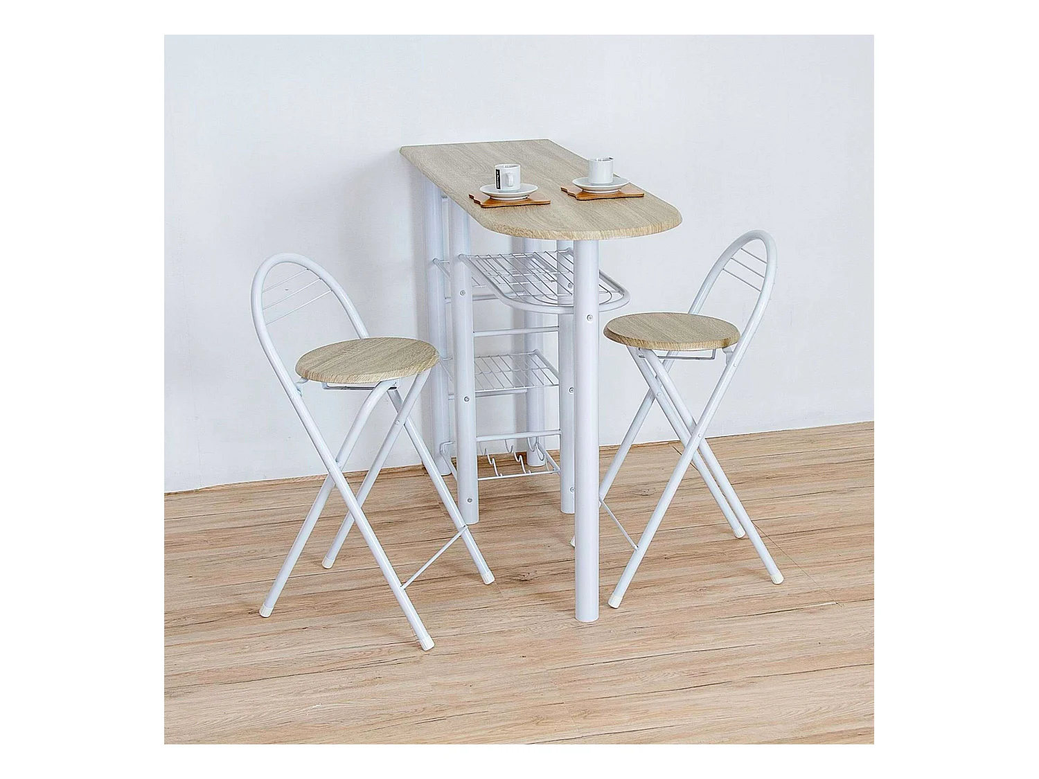 Table haute de bureau style nordique blanc/bois avec 2 tabourets 40 x 88 x 120 cm